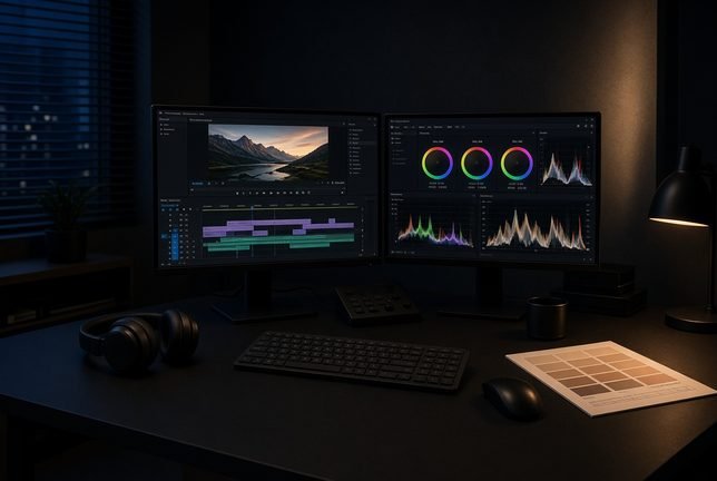 Professional video editing desk for an adult video editor working on OnlyFans content