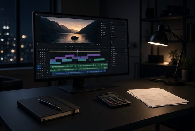 Editing desk with a timeline on screen, used to illustrate adult video editor pricing