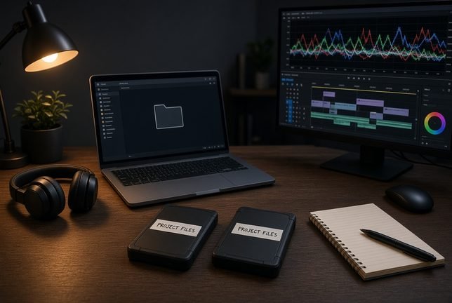 Organised hard drives and an editing timeline ready to send to a porn video editor